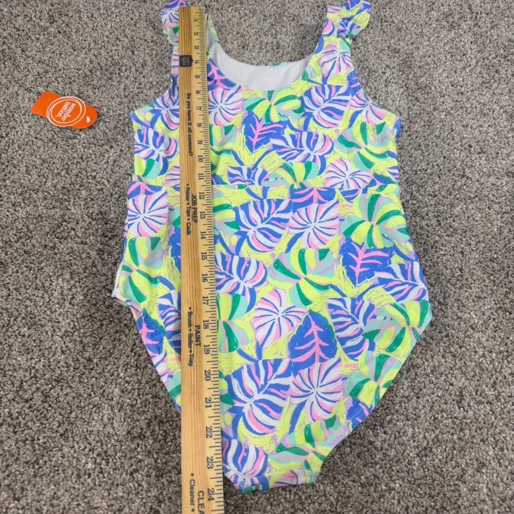 Wonder Nation Girls Tropical Leaf Ruffle One Piece Swimsuit Lavender Sky L 10-12